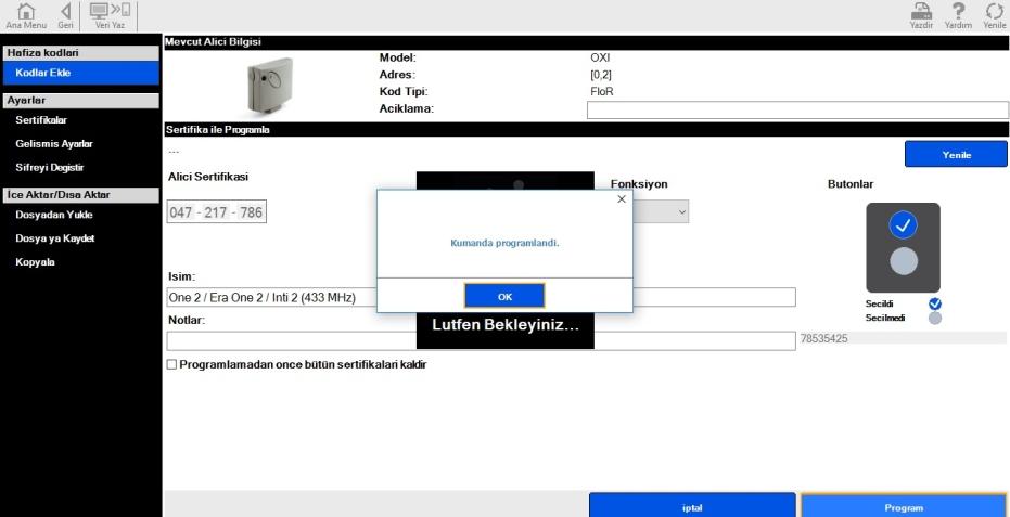 1-9) Mod2 ve Foksiyon 1 seçilmiş olduğunu kontrol ettikten sonra ekranın sağ altındaki Program butonuna tıklayın. 1-10) Aşağıdaki ekran açılınca OK butonuna tıklayın.