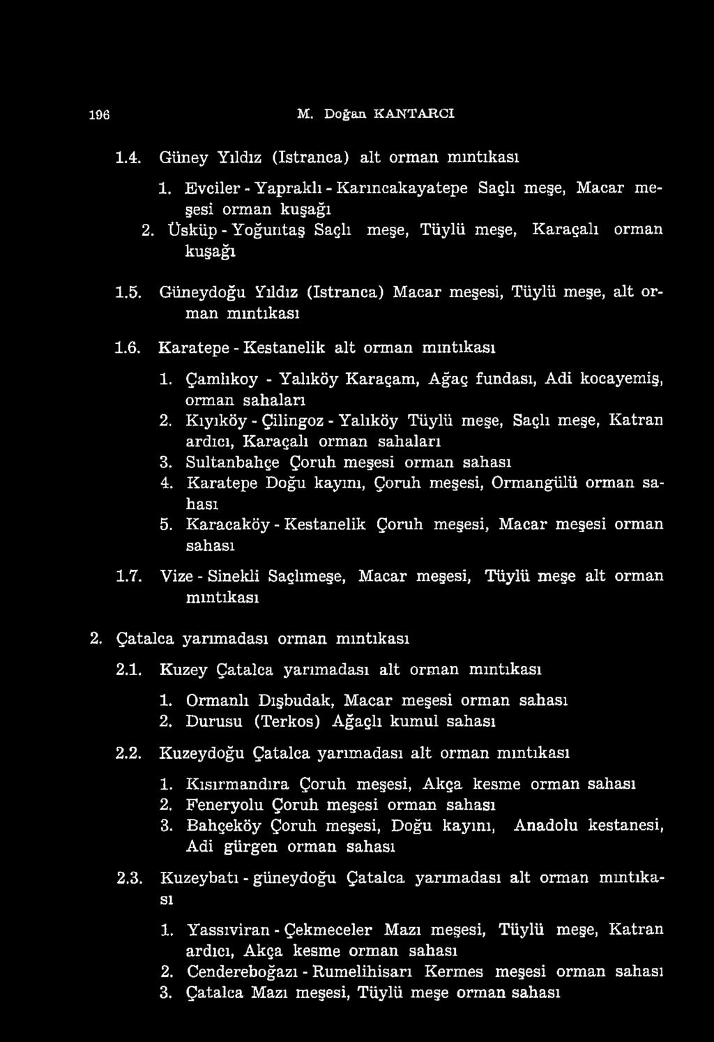 Çamlıkoy - Yalıköy Karaçam, Ağaç fundası, Adi kocayemiş, orman sahaları. Kıyıköy - Çilingoz - Yalıköy Tüylü meşe, açlı meşe, Katran ardıcı, Karaçalı orman sahaları.