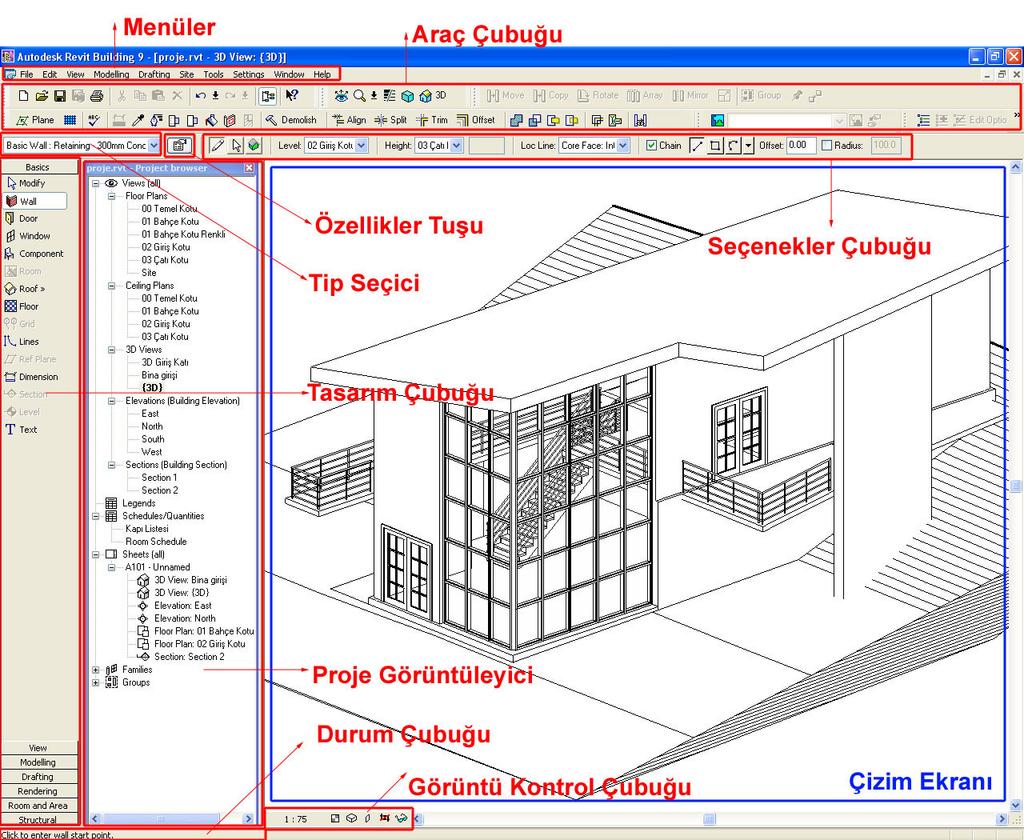 Kullanıcı Arayüzü Autodesk Revit i çalıştırdığınızda karşınıza gelecek kullanıcı arayüzünü kısaca inceleyelim: Menüler ve Araç Çubuğu (Toolbar) Şekil 1 Autodesk Revit penceresinin en üstünde standart