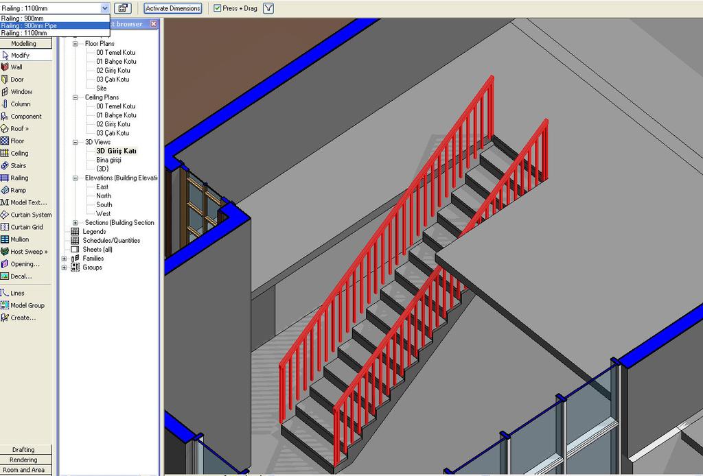 Şekil 75 19. Seçenekler Çubuğunun en solunda yer alan Tip Seçiciyi kullanarak Railing: 900mm Pipe seçin. Merdiven korkuluklarının her ikisi de seçtiğiniz korkuluk türüne değişirler. (bkz.