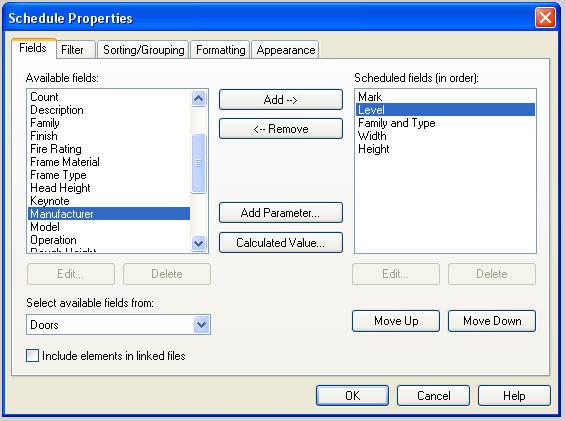 Type, Width ve Height. Şekil 92 5. Scheduled fields listesinde görülen özellikler, metraj tablosuna yazılacak özelliklerdir.