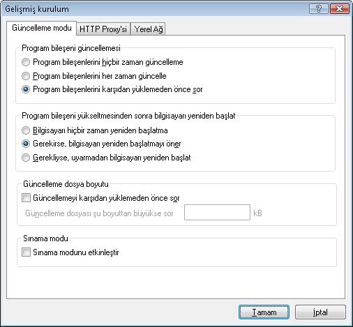 Gelişmiş güncelleme ayarları seçenekleri, Güncelleme Modu, HTTP Proxy, Yerel Ağ ve Yansı (Mirror) yapılandırmasını içerir. 4.2.