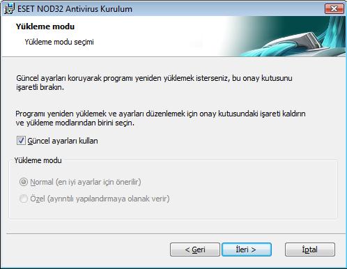 Sonuncu adım yükleme için onayınızı gerektiren bir pencere gösterir. 2.3 Özgün ayarları kullanma ESET NOD32 Antivirus programını yeniden yüklüyorsanız, Güncel ayarları kullan seçeneği görüntülenir.