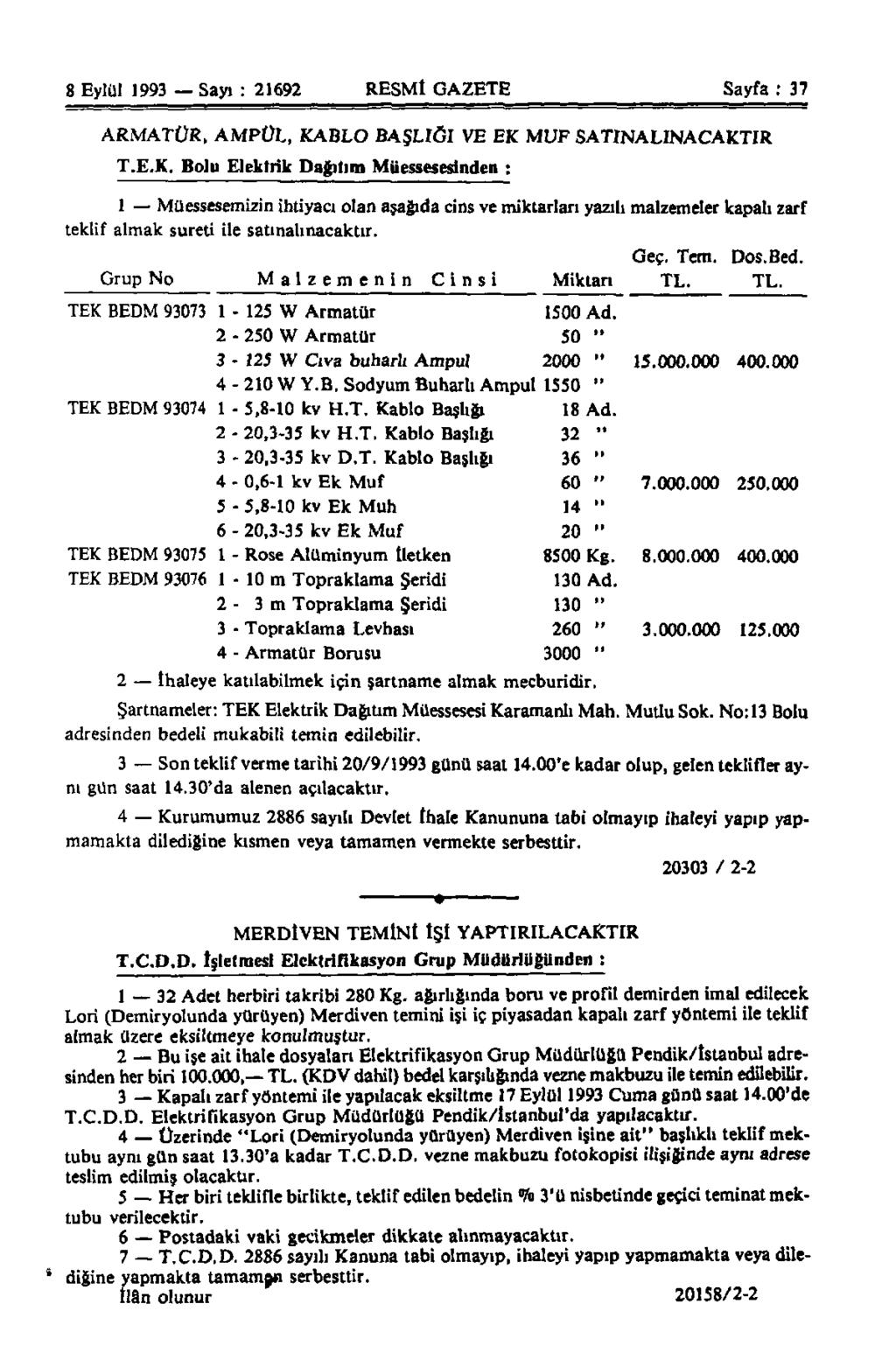 8 Eylül 1993 Sayı : 21692 RESMİ GAZETE Sayfa : 37 ARMATÜR, AMPUL, KA