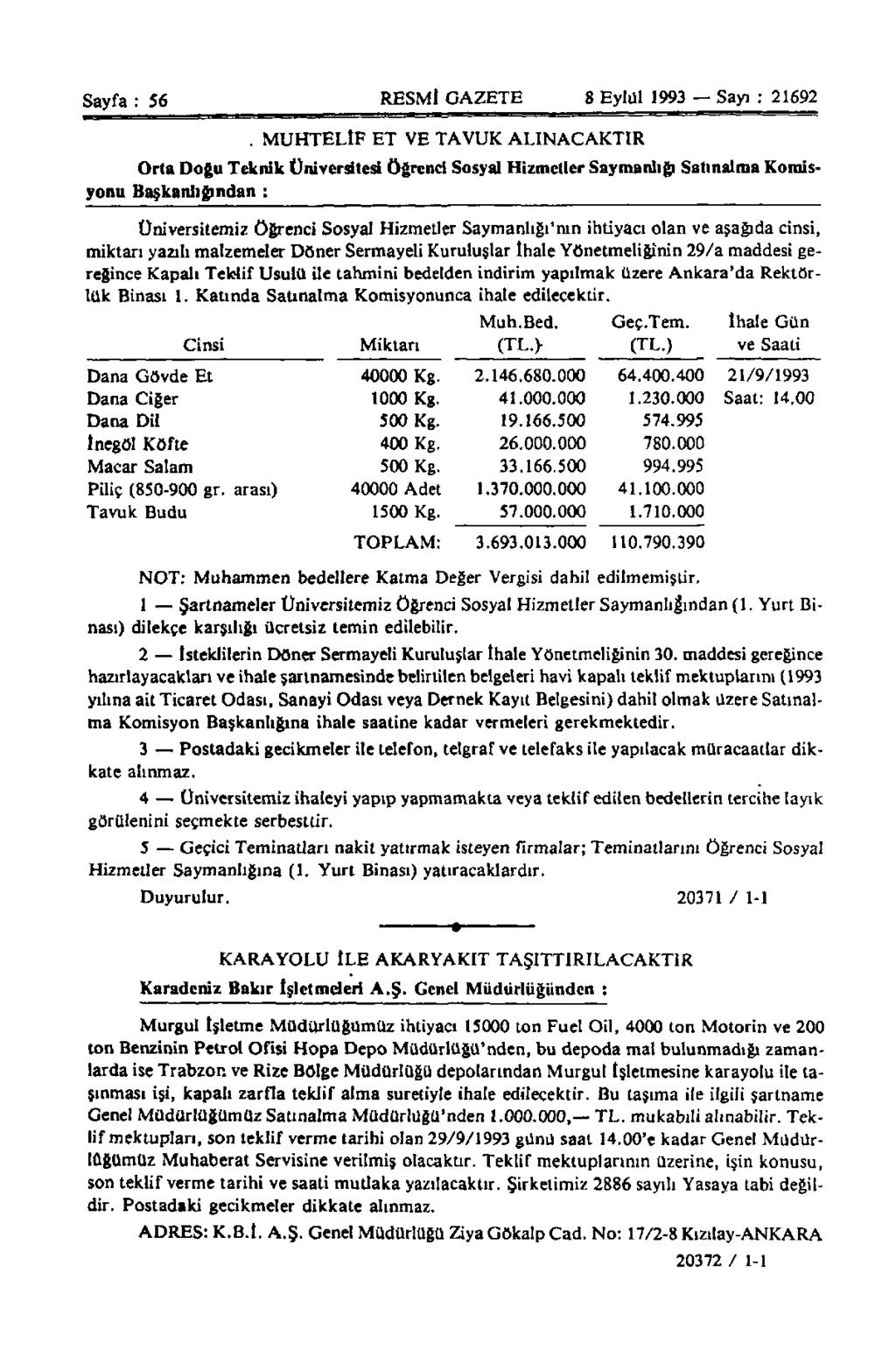 Sayfa : 56 RESMİ GAZETE 8 Eylül 1993 Sayı : 21692.