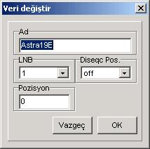 içeren uydular) görüntülenmesini seçebilirsiniz. Veri değiştir: Uydu verilerini değiştirebilmek için şu pencere açılır: Bir uyduya çift tıklama da yapabilirsiniz.