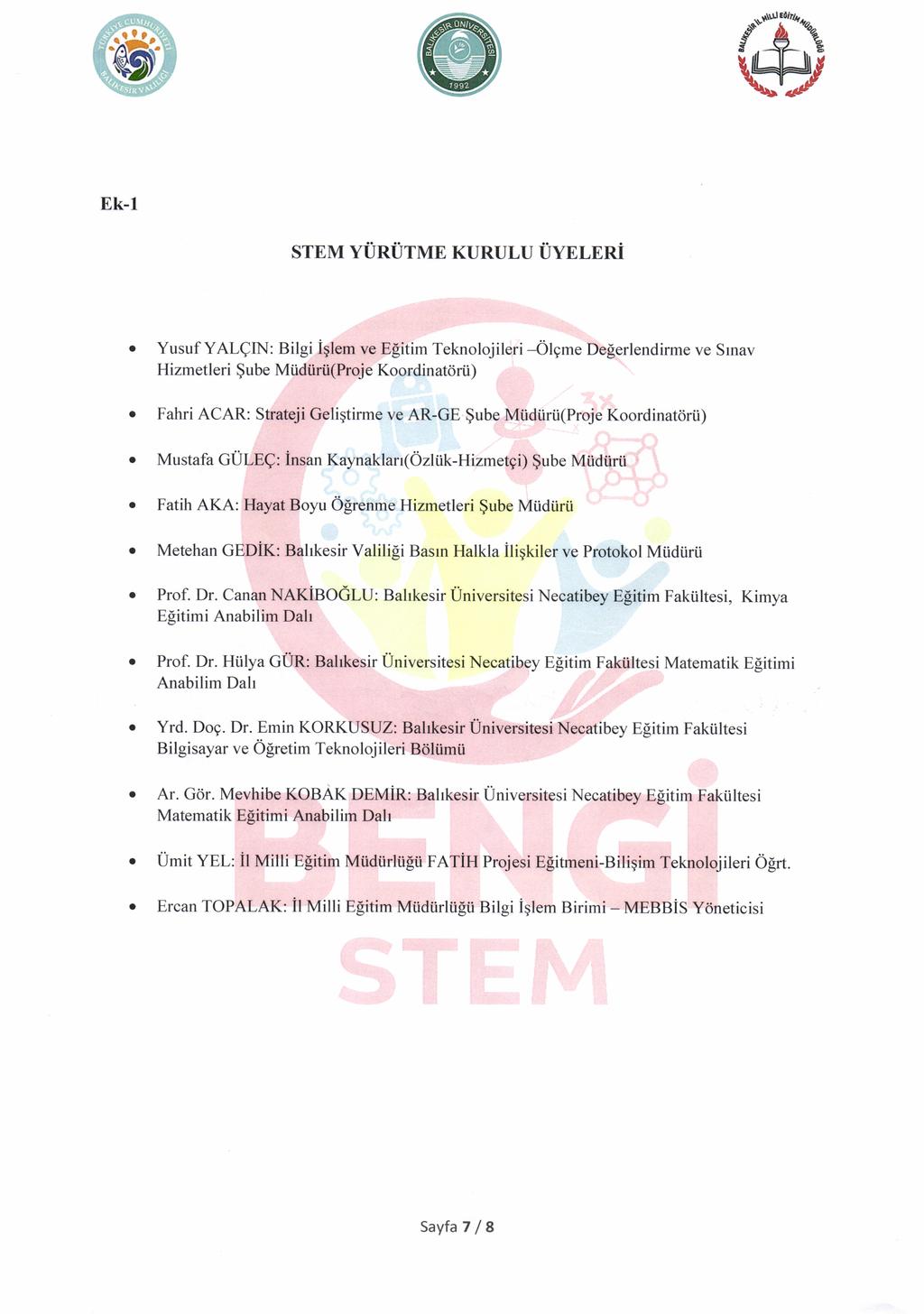 ffi Ek-1 STEM yunutme KURULU trvglnni Yusuf YALQIN: Bi Hizmetleri $ube 4lgme irme ve Smav Fahri ACAR: i*e-e"rdinatiirii) Mustafa Fatih AKA: Metehan G i,w * rkesir V *,itigi rn llalkla Ili Prf. Dr.