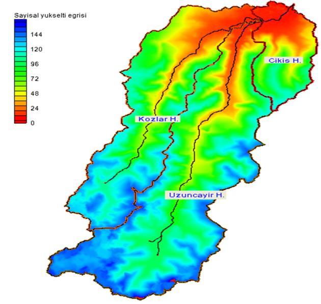 4. HAVZA BÜYÜKLÜKLERİ Taşkın analizi ve modellemesi yapılan üç havzanın (Kozlar, Uzunçayır ve Çıkış) fiziksel özellikleri hesaplanmıştır. Her üç havzanın sayısal yükselti eğrileri (SYE) Şekil 4.