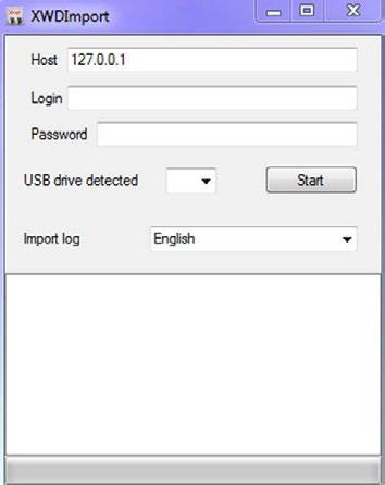 Konfigürasyon Kaynak verilerinin USB çubuğuna kaydedilmesi 5.16.3 Kaynak verilerini USB çubuğundan Xnet'e aktarma XWDImport.exe programını başlatın. - Programın başlangıç ekranı açılır.
