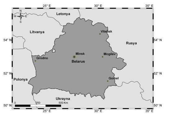 Harita 1: Belarus Cumhuriyetinin Coğrafi Konumu 33 Makedonya, Bosna-Hersek, Sırbistan ve Bulgaristan da görülen Balkan kültüreljeopolitik mozaik, Belarus ta Baltık-Slav mozaiği olarak karşımıza