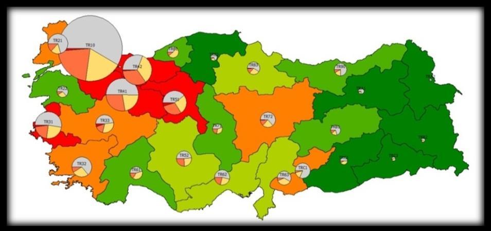 yığılırken, sektörel çeşitliliğin yüksek olduğu bölgelerde, geleneksel sektörlerle birlikte yüksek teknoloji sektörleri de yığılmıştır.