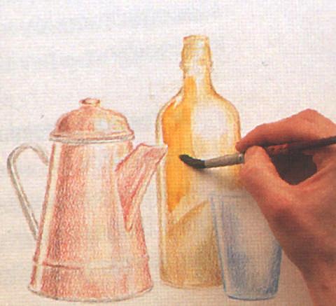 Resim 1. 21: Kuru sulu kalemle kompozisyon çalışması Kuru- sulu kalemler sulu boya ile birlikte kullanılabilir.