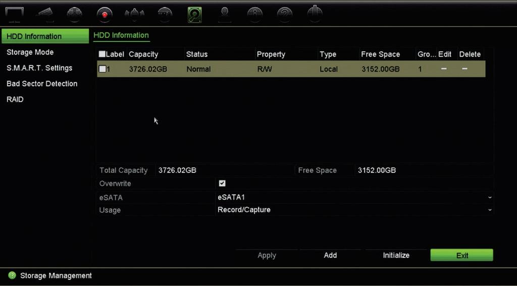 Bölüm 15: Depolama alanı yönetimi Şekil 31: HDD Bilgileri penceresi HDD Ekleme Bir NAS veya SAN sistemi ayarlamak için sabit sürücülere ek ağ ekleyebilirsiniz. Bir HDD eklemek için: 1.