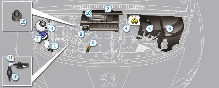 Kontroller Dizel motor bölümleri Değişik sıvıların seviyelerinin kontrolüne, bazı elemanların değişimine ve yakıt devresinin tamamlanmasına erişim sağlar. 9. Hidrolik direksiyon deposu.