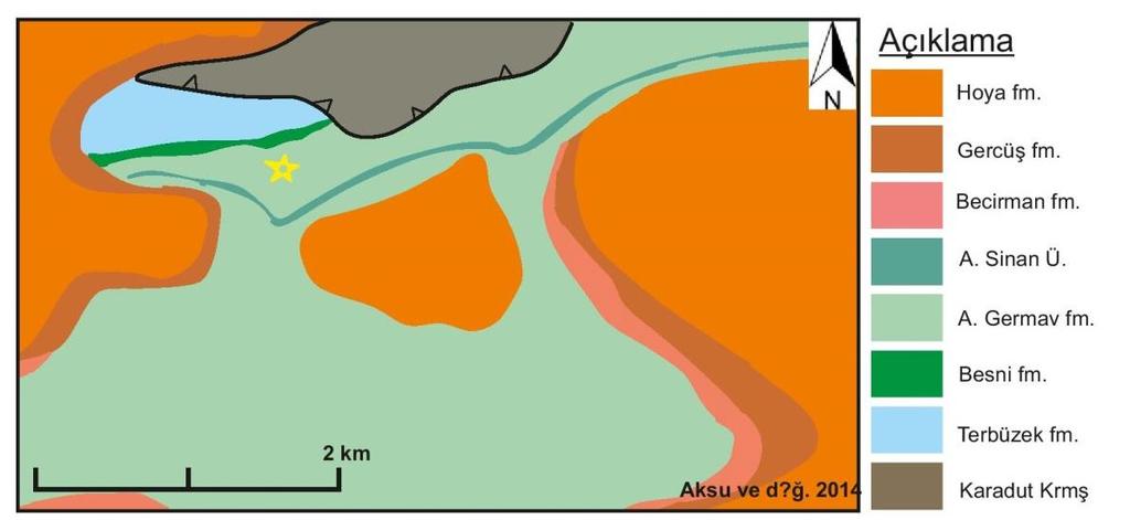 Şekil 26b Besni formasyonu fosil mezarlığı (yıldızlı alan) ve çevresinin jeoloji haritası Durak 3.