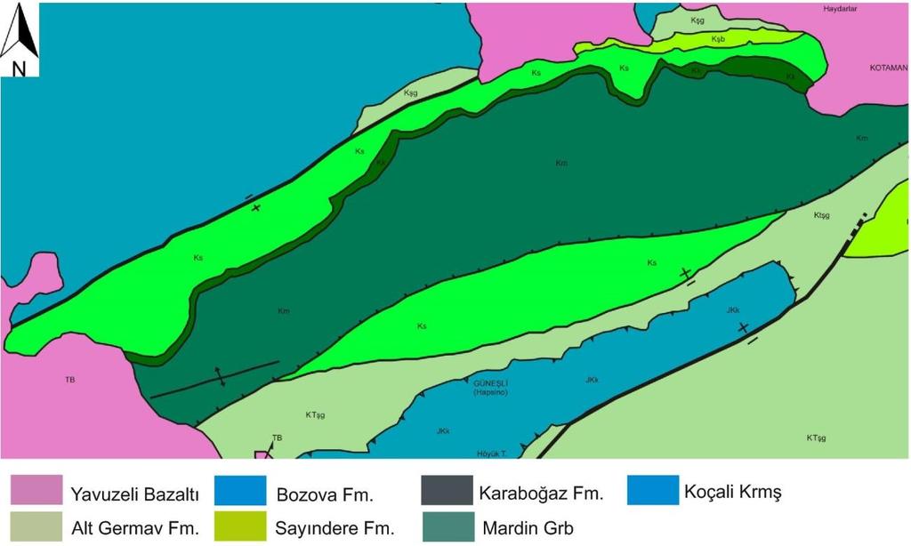 Şekil 40b Sabunsuyu kesiti ve çevresinin jeoloji haritası (Aksu ve diğ, 2014) 5. Seviye (50 m) Dolomitik, masif tabakalar pelecypod, Gastropod, ekinoderm parçaları içeren biyoklastik dokudadır.