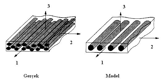 analizlerinde öncelikle tek yönlü elyaflarla takviye edilmiş tek katlı kompozit tabakanın davranışını tahmin etmek gerekir. Bu model tabakayı ortotropik bir malzeme olarak ele almamızı sağlar.