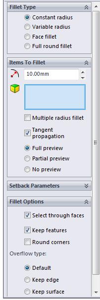 Constant radius: Sabit yarıçaplı yuvarlatma Variable radius: DeğiĢken yarıçaplı yuvarlatma Face fillet: BitiĢik yüzeyler arası yuvarlatma Full round fillet: Tam daire yuvarlatma Ġtems to fillet: