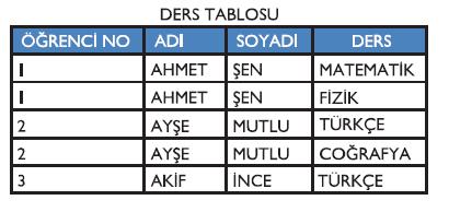 Örneğin Ayşe Mutlu adlı öğrenci iki ders almakta ve bir tane de yabancı dil bilmektedir.