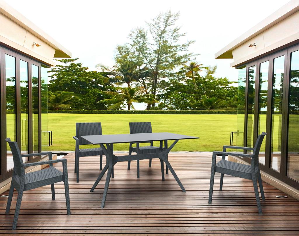 * Koyu renklerin direkt gün ışığı altında bırakılması önerilmez. Table with rattan leg with HPL compact laminated tops 12 mm available in dark grey, brown and white colors.