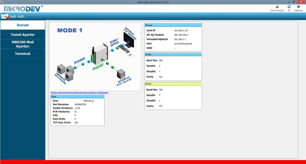 2 MODBUS GATEWAY AYARLARI 2.1 Durum Ekranı 2 Mikrodev cihazına bağlantı gerçekleştikten sonra ekrana cihazla alakalı bilgilerin bulunduğu genel bir bilgilendirme ekranıdır.