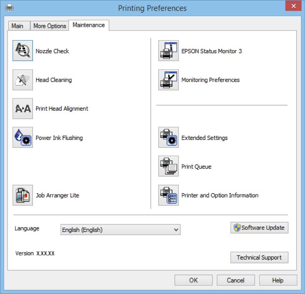 Ağ Hizmeti ve Yazılım Bilgileri Bakım Sekmesi Püskürtme denetimi ve yazdırma kafası temizliği gibi bakım özelliklerini çalıştırabilir ve EPSON Status Monitor 3 uygulamasını çalıştırarak yazıcı