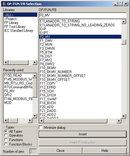 İkinci adımda Karşım ıza çıkan fonksiyon seçim penceresinden F0_MV yi bulup inser ile ladderimize ekliyoruz. Mouse ile fonksiyonumuzu istenilen yere tıklayarak ekliyoruz.