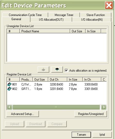 Yukarıda nod0 master plc nin adres tablosu görülüyor. 3200 nod1 slave plc nin çıkış adresi, 3300 de giriş adresidir.