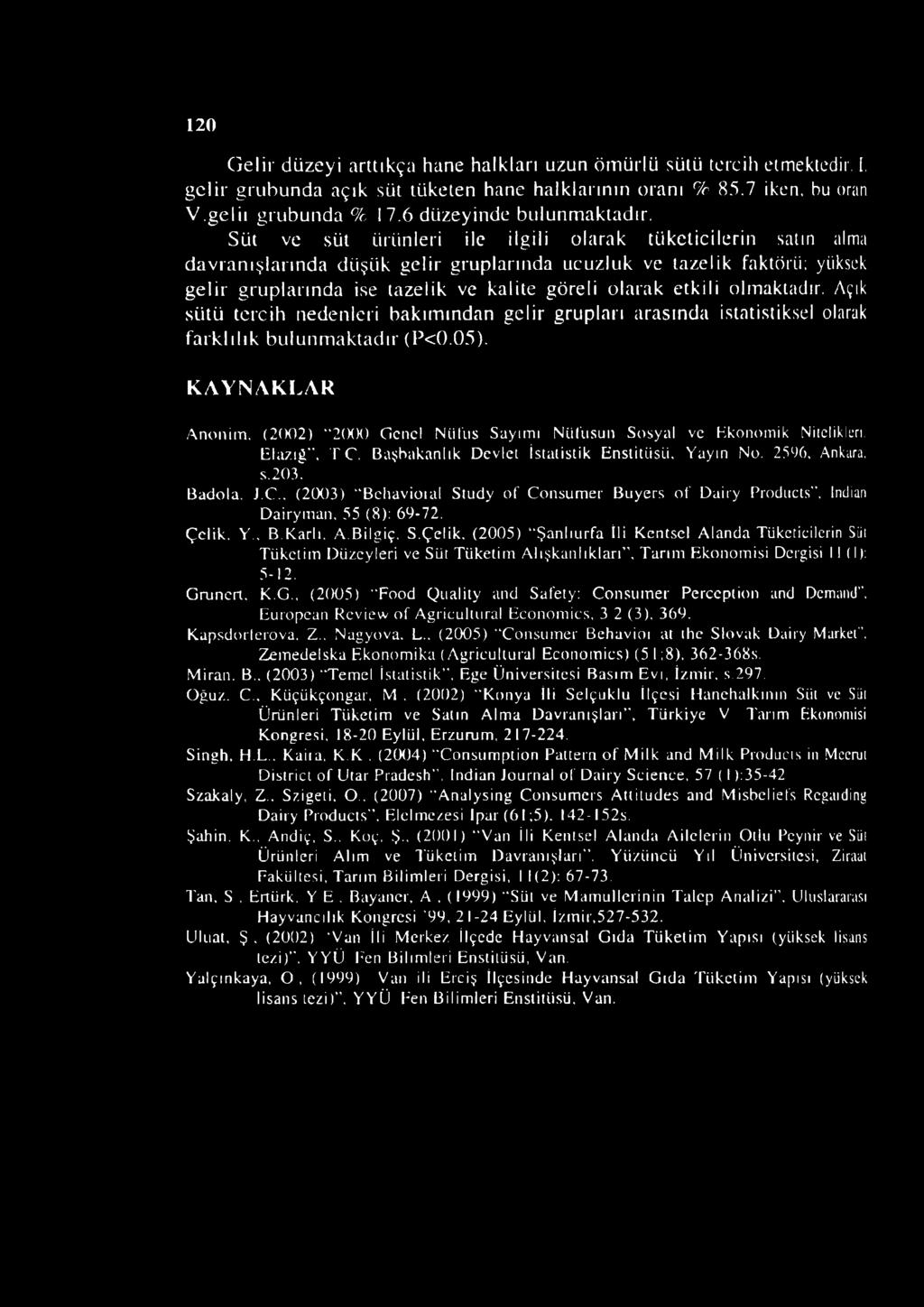 Süt ve süt ürünleri ile ilgili olarak tüketicilerin satın alma davranışlarında düşük gelir gruplarında ucuzluk ve tazelik faktörü; yüksek gelir gruplarında ise tazelik ve kalite göreli olarak etkili