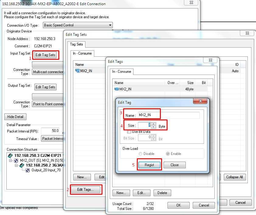 Açılan 192.168.250.2 3G3AX-MX2-EIP-xx Edit Connection penceresinde Input taglarını belirlemek için sırasıyla aşağıdaki işlemler yapılır: 1. Input Tag Set: Edit Tag Sets tıklanır. 2.
