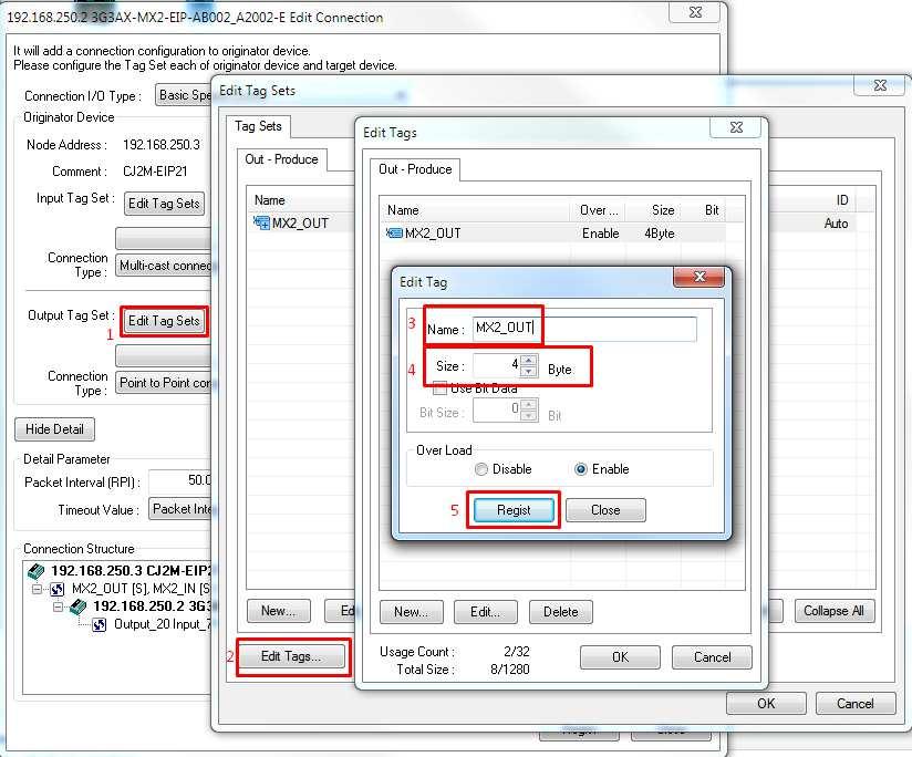 Daha sonra Output taglarını belirlemek için 192.168.250.2 3G3AX-MX2-EIP-xx Edit Connection penceresinde sırasıyla aşağıdaki işlemler yapılır: 1. Output Tag Set: Edit Tag Sets tıklanır. 2.