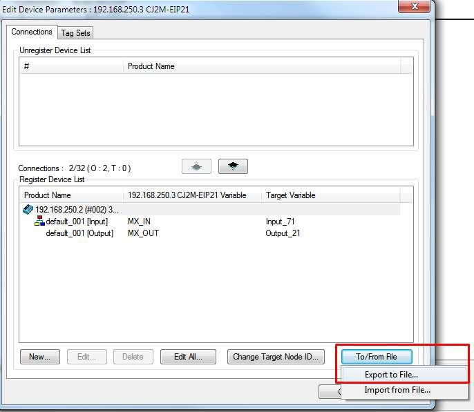 Input ve Output taglerin sembol olarak da CJ2M-CPU33 e aktarılması için bu tagler.csv uzantılı bir dosya olarak kaydedilebilir.