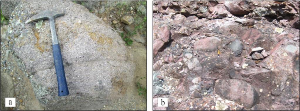 a) Trachyandesitic lavas of Çan volcanite observed around Söğütalan village, b) Iron-altered silicified volcanic rocks observed in the Çan volcanics Siyako vd.