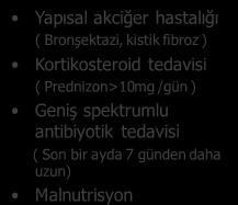 çocuğu ile temas Yapısal akciğer hastalığı ( Bronşektazi, kistik fibroz ) Kortikosteroid tedavisi ( Prednizon>mg /gün ) Geniş spektrumlu antibiyotik tedavisi ( Son bir ayda 7 günden daha uzun)