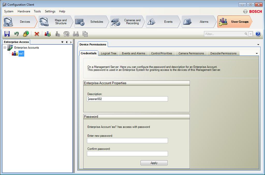 110 tr Bir Enterprise Sistemin Oluşturulması Bosch Video Management System 7.3 Bir Enterprise Account Oluşturulması Ana pencere > Kullanıcı grupları Dikkat!