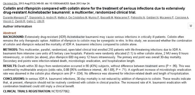 Acinetobacter: kolistin vs kolistin + rifampisin Randomize (1:1), açık etiketli N=210 XDR-A.