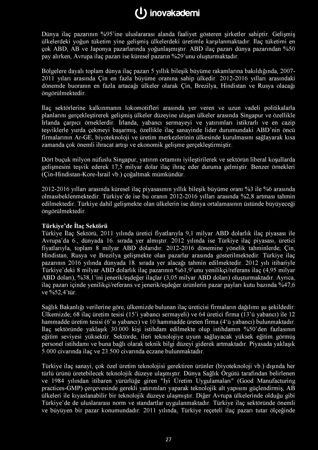 Bölgelere dayalı toplam dünya ilaç pazarı 5 yıllık bileşik büyüme rakamlarına bakıldığında, 2007 2011 yıları arasında Çin en fazla büyüme oranına sahip ülkedir.