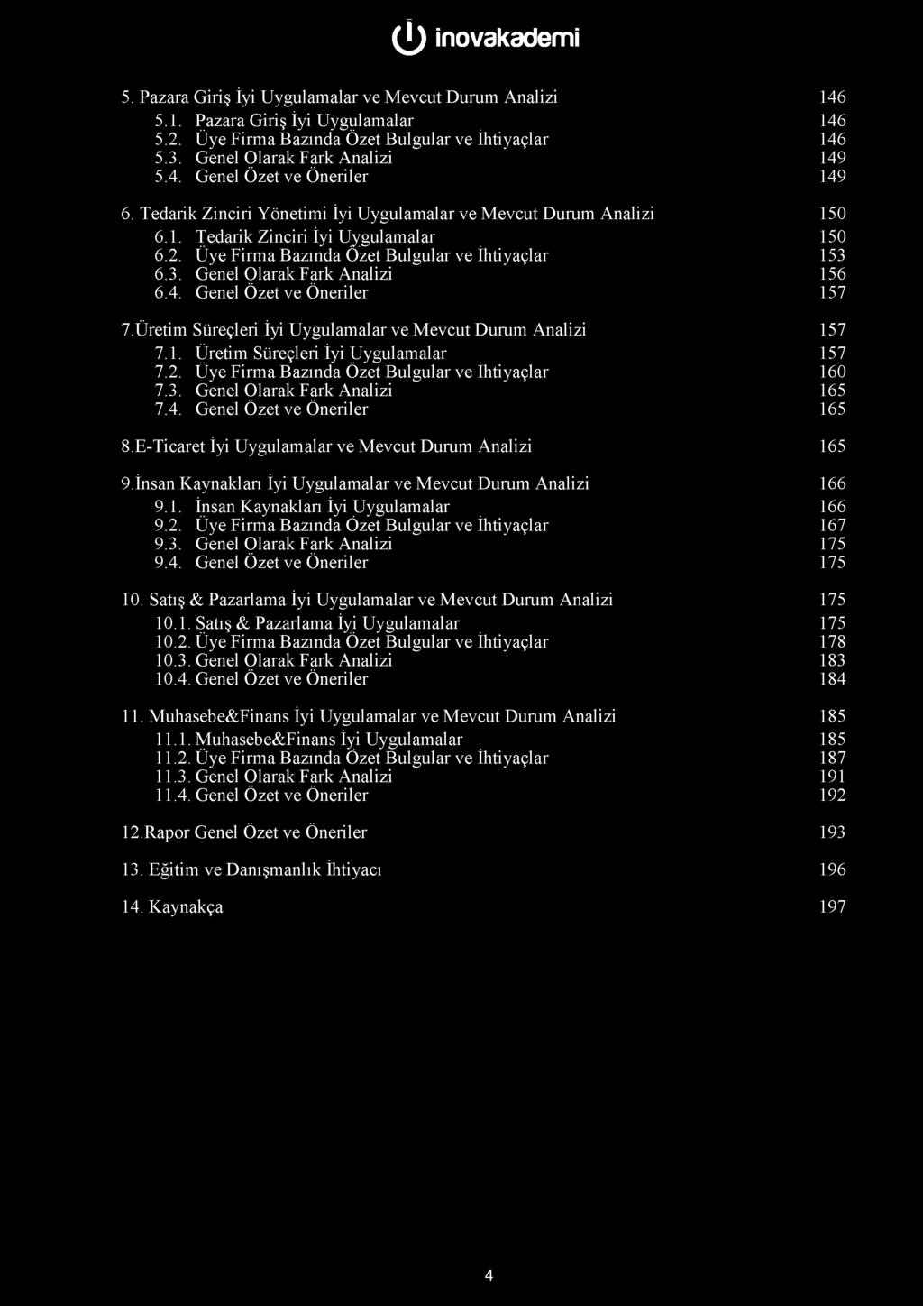 4. Genel Özet ve Öneriler 157 7.Üretim Süreçleri İyi Uygulamalar ve Mevcut Durum Analizi 157 7.1. Üretim Süreçleri İyi Uygulamalar 157 7.2. Üye Firma Bazında Özet Bulgular ve İhtiyaçlar 160 7.3.