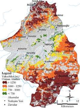 %33 ünü (119 km 2 ), 1000 1250 yükseltideki arazilerin %63 ünü (318 km 2 ) ve 1250 m den yüksek sahaların ise, %73 ünü (352 km 2 ) ormanlar oluşturur.