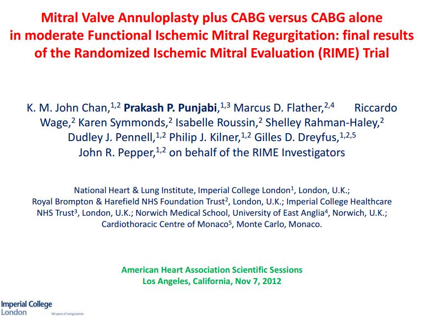 ORTA MY CABG vs CABG+Mitral Girişimi Karşılaştıran Çalışmalar (RIME) Trial Orta IMY hastaları CABG ve