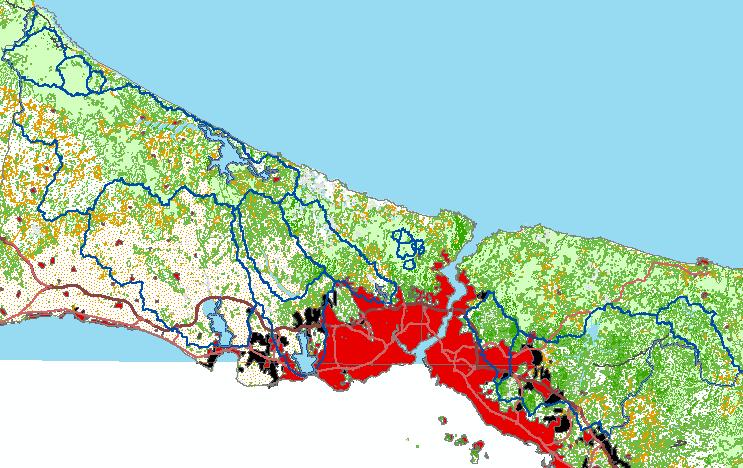 Geymen ve Baz Legend Metropolitan Boundary TEM Water Basin E-5 Barren Ground Built-Up Area Cropland Forest-Deciduous Forest-Evergreen Grassland Scrub/Brush Water Wetland Cloud Change in the Built-up