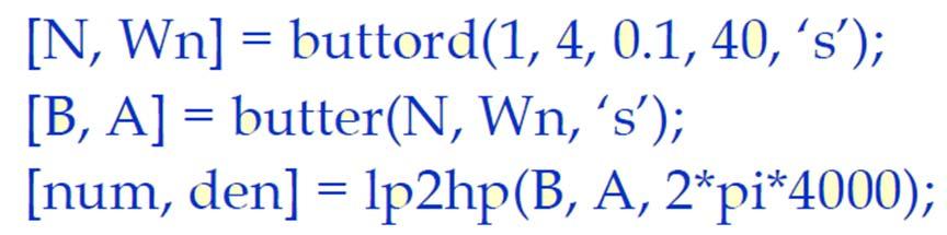 Analog Yüksek Geçiren Filtre Tasarımı Örnek: Aşağıdaki karakteristiklere sahip bir analog Butterworth yüksek geçiren filtre tasarlayalım: ŵ p 4 khz, ŵ s 1 khz, α p 0.1 db, α s 40 db. Ω p = 1 seçelim.