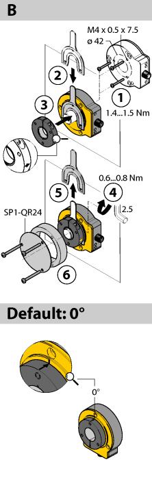 The adjacent figure shows the two separate units, sensor and positioning element. Mounting option A: First, interconnect positioning element and rotatable shaft.