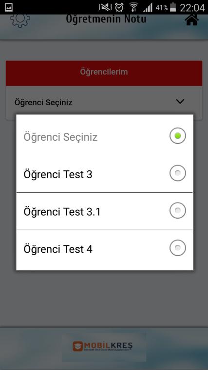 Ana ekrandan Öğretmenin Notu modülüne giriş yapınca yine ilk olarak öğrenci seçim ekranı gelir.