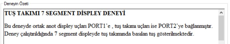 16 da gösterilen deney özeti penceresinde seçilen deneyin donanımı ve çalışması hakkında kullanıcıya bilgiler verilmektedir. Şekil 6.16. Deney özeti penceresi Yukarıda