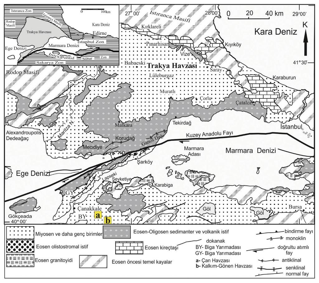 Sariye Duygu ÜÇBAŞ DURAK, Mehmet Serkan AKKİRAZ Şekil 1. Kuzeybatı Anadolu nun (Trakya ve çevresi) jeolojik haritası. (a) Çan Havzası; (b) Kalkım-Gönen Havzası (Okay vd. 2010). Figure 1.