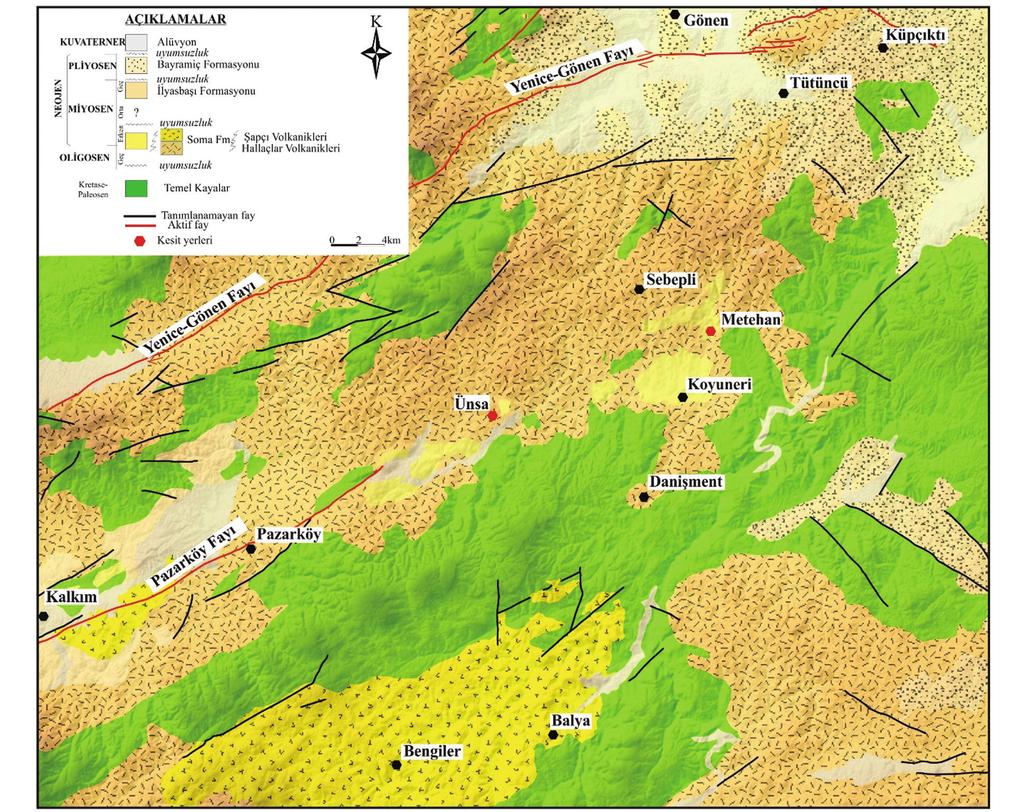Kalkım-Gönen Havzasındaki Kömürlü Tortulların Paleoekolojik Özellikleri, Kuzeybatı Anadolu Şekil 2. Kalkım ve Gönen arasını gösteren jeolojik harita (Duru vd. 2007; Pehlivan vd. 2007; Akçay vd. 2008).