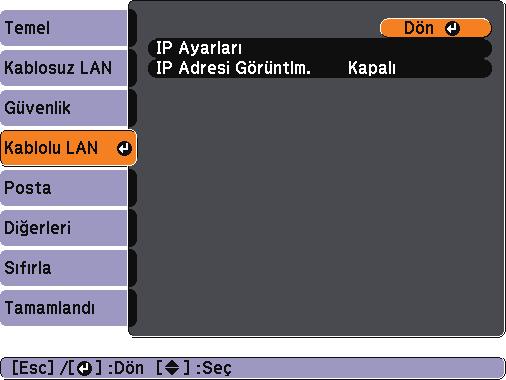 9 Projektörü Gelişmiş Bğlntı Modund (Kblolu) Bğlmk İçin Ayrlm Bir bilgisyrı projektöre kblolu LAN ile bğlmk için, ğ yrlrını bilgisyr ve projektör üzerinde seçmeniz gerekir. b c d e Bilgisyrı ğ bğlyın.