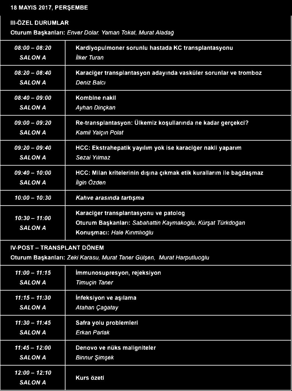 Kamil Yalçın Polat 0 9 :2 0-0 9 :4 0 HCC: Ekstrahepatik yayılım yok ise karaciğer nakli yaparım Sezai Yılmaz 0 9 :4 0-10:00 HCC: Milan kritelerinin dışına çıkmak etik kurallarım ile bağdaşmaz İlgin