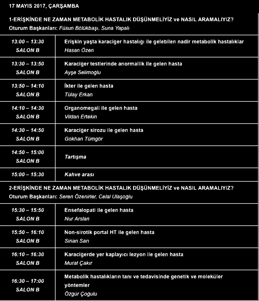 metabolik hastalıklar Haşan Özen Karaciğer testlerinde anormallik ile gelen hasta Ayşe Selimoğlu İkter ile gelen hasta Tülay Erkan Organomegali ile gelen hasta Vildan Ertekin Karaciğer sirozu ile